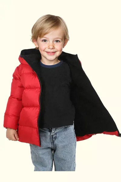 Giacca invernale imbottita impermeabile e antivento con cappuccio in pelliccia e collo alto da bambino rosso