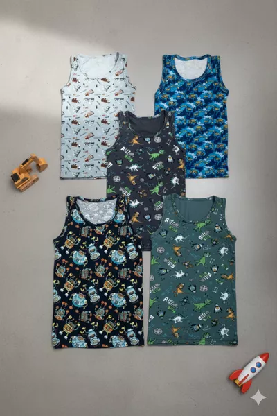 Boys' 5-Pack Cotton Tank Tops with Yellow Elephant Print, % Cotton