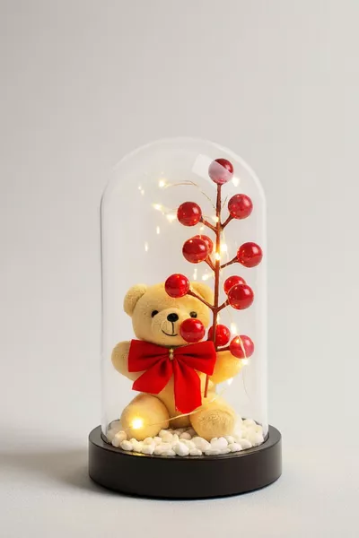 Plush Teddy Bear Holding a Red Rose with Fairy LED Lights in a Glass Dome, Christmas Gift