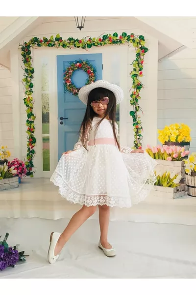 Robe blanche pour fille avec chapeau, en dentelle et guipure, robe spéciale pour anniversaire