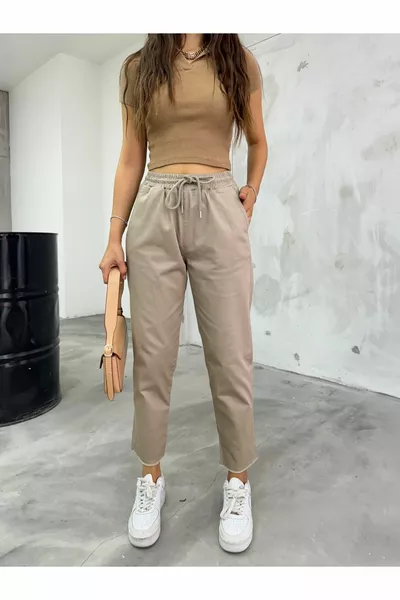 بنطال نسائي بخصر عالٍ ضيق مع جيوب مصنوع من القطن والإلياف المطاطية