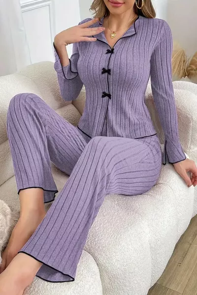 طقم بيجامة موسمي بتفاصيل شريط أرجواني من القطن