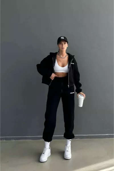 Wrst Winter Cardigan Sweatpants Set - Black Printed Zippered Oversize Hoodie