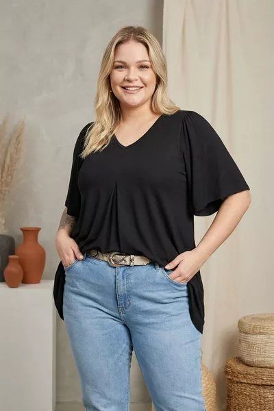 Plus Size V-Neck Solid Asymmetric Cut Stretch Blouse 
