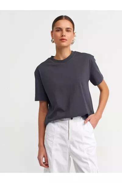  ديكور مخيط طاقم الرقبة تي شيرت-أنثراسايت