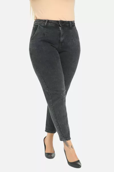 Mom Fit Jean Plus Size High Waist Carrot Cut Slim Leg Pleated Stretch Denim Pants -smoke