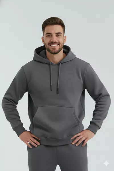 هودي الشتاء بقبعة وأكمام كانغورو، قماش ناعم ثلاثي الخيوط (من الداخل مبطن بالفرو الصناعي) - مقاس أصلي