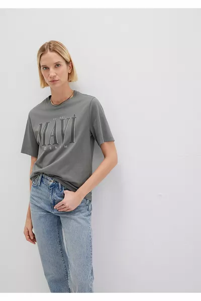 Logo Baskılı Gri Tişört Regular Fit / Normal Kesim 