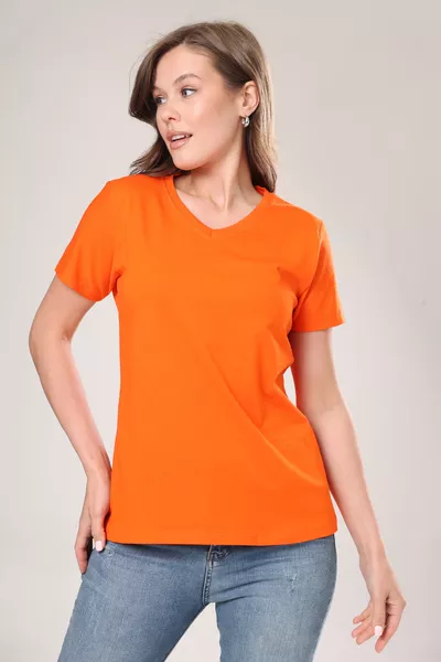 % Cotton Super Quality Orange V-neck Women's Basic T-shirt Knitted Cotton Jersey T-shirt Orange