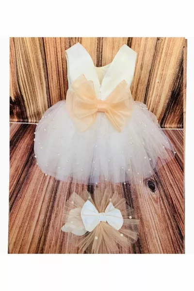 Robe moelleuse à ceinture saumon perle blanche fille