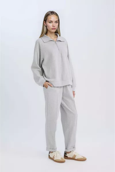 بنطال بقصة عادية، خصر مطاطي، أساسي، سادة، بسحاب ورباط، مزود بجيوب، أطراف مطوية، طويل WN