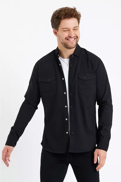 Men's Black Double Pocket Snap Button Slim Fit Denim Shirt - s