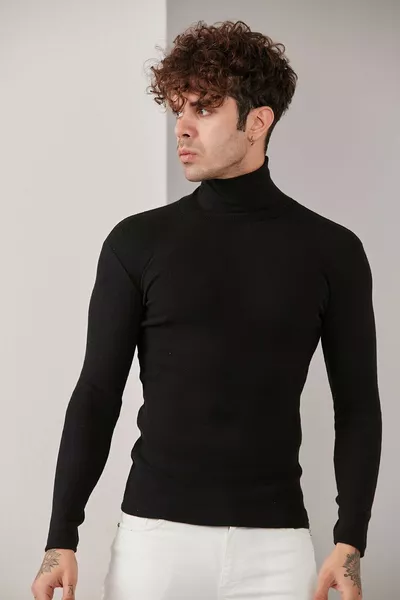 Herren Schwarzer Rollkragenpullover aus Lycra-Strick