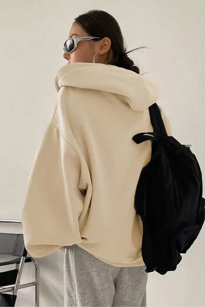 Cardigan Donna 3 Fili Beige con Cappuccio e Zip