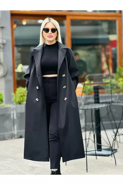 معطف ترنش أسود بأكمام بالون وأساور