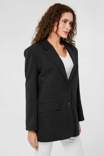 Black Women's Buttoned Oversized Blazer Jacket