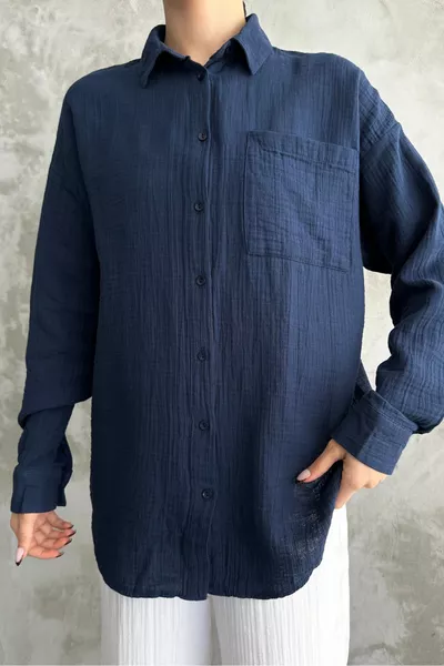 Chemise Femme Basique Oversize en Coton Bleu Marine