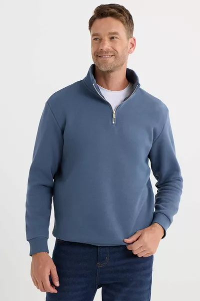 سويت شيرت أزرق برقبة عالية، نصف سحاب، من القطن مبطن بالفيلم الداخلي، بقصة فضفاضة ومريحة للجنسين