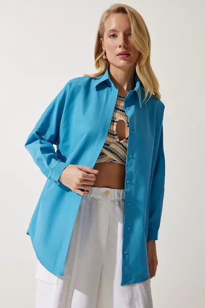 Camicia Lunga Basic Oversize Donna Blu 