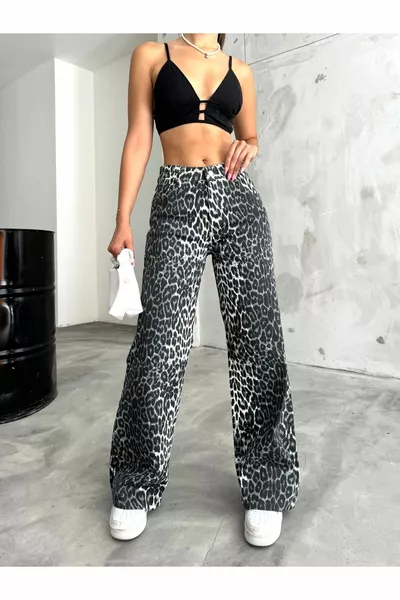 بنطال بالازو نسائي مطبوع بنقشة الفهد بخصر مرتفع وقصة أرجل واسعة مع ليكرا