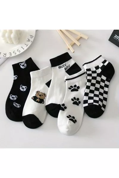 5 أزواج من جوارب النساء القطنية بنقشة تيدي بالأبيض والأسود