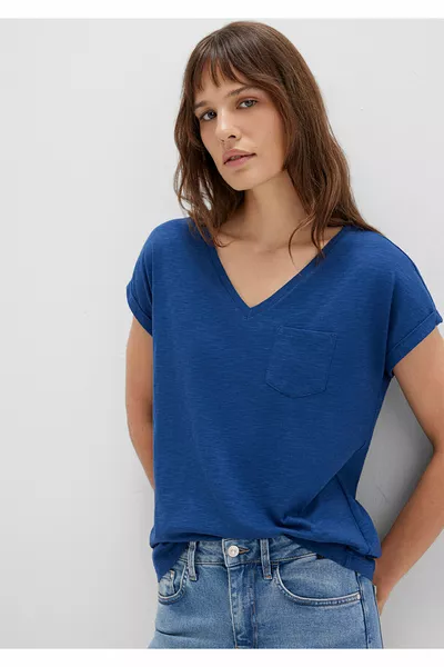 تيشيرت أساسي أزرق داكن مع جيوب، مقاس واسع / قصّة مريحة واسعة 