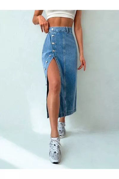 Women's Blue Denim Skirt with Slit