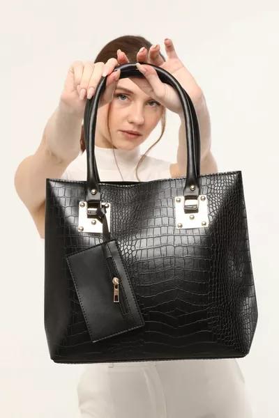 المرأة السوداء كروكو نمط حقيبة الكتف كبيرة الحجم مع محفظة