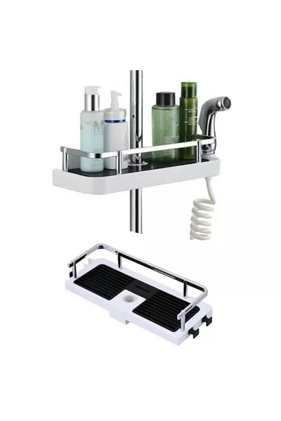 Étagère d'angle pour baignoire suspendue avec poteau, porte-shampoing et porte-savon double crochet, inox