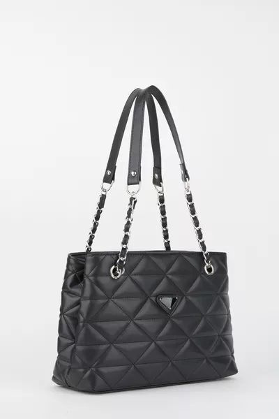 حقيبة كتف ويد مبطنة سوداء بثلاثة أقسام بسحاب وحمالة سلسلة