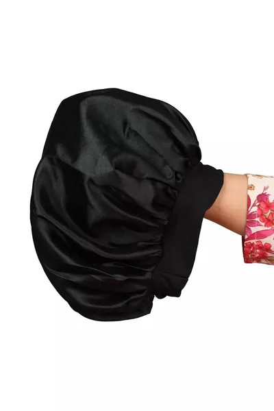 Черна сатенена шапка за сън за къдрави коси