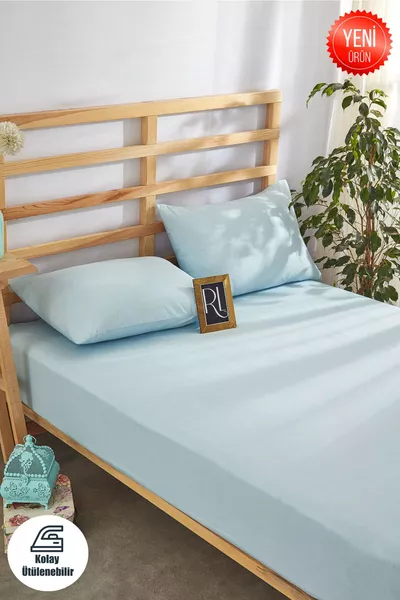 طقم مفارش بشرائط مطاطية باللون الأزرق الباهت - لون سادة - قطن مع أغطية وسائد - فردي - مزدوج - كبير