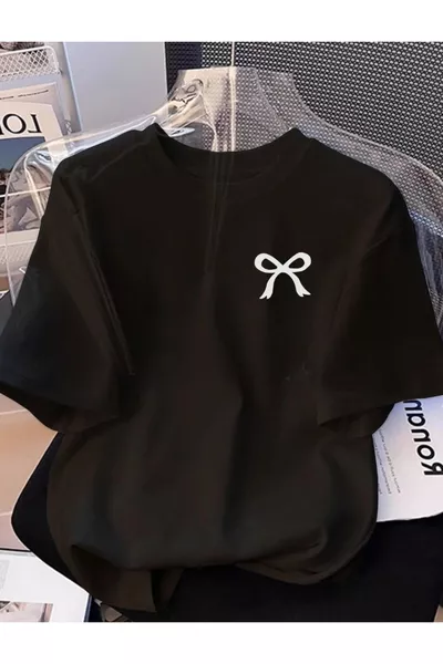 T-shirt girocollo in cotone oversize unisex con mini fiocco e stampa personalizzata per uomo/donna