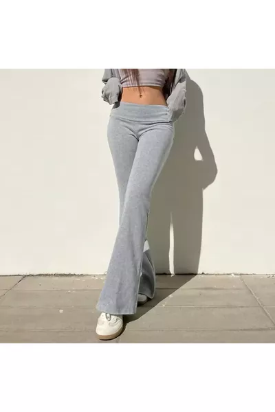 Gri İspanyol Paça Flare Tayt Pantalon Normal Bel