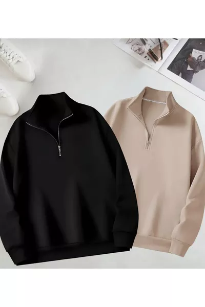 BEIGE AND BLACK high-neck half-zip plain sweater