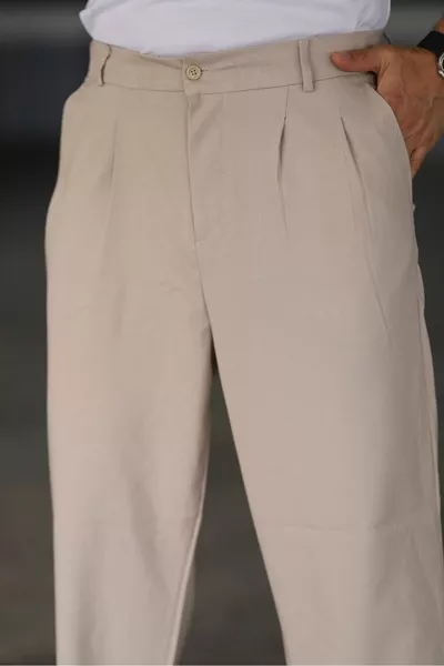 Baggy Double-Pleated CREAM Color Elastic Waist High-Quality Comfortable Cut Classic Wide-Leg Baggy Pants
