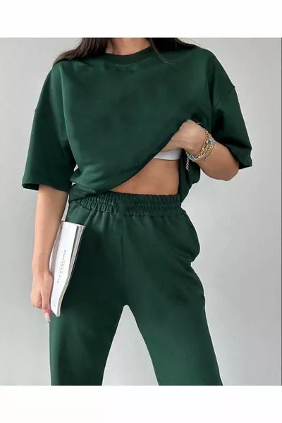 تيشيرت أساسي وسروال جوجر - زي رياضي أخضر سادة علوي وسفلي واسع ياقة مستديرة