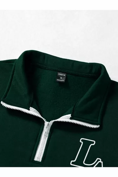 Unisex Yeşil Los Angeles Baskılı Oversize Parçalı Polo Yaka Fermuarlı Sweatshirt