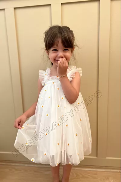 Witte Geborduurde Madeliefjesslinger Jurk voor Baby- en Meisjes - Elisa