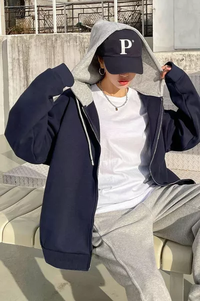 Unisex Navy Gray Hooded Oversized Cardigan Zip 2-Ply Medium Thickness