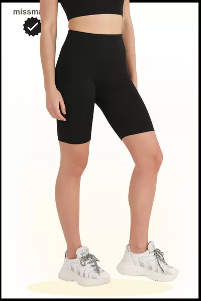 Kadın Siyah Yüksek Bel Toparlayıcı Tayt Kısa Spor Şort Deniz > Havuz > Spor Biker Shorts 