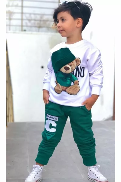 طقم رياضي للأطفال للجنسين ببطابع دب أخضر