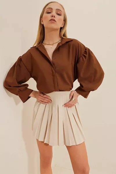 Damen Braun Verborgene Knopfleiste Balloon-Ärmel Basic Popeline Hemd 