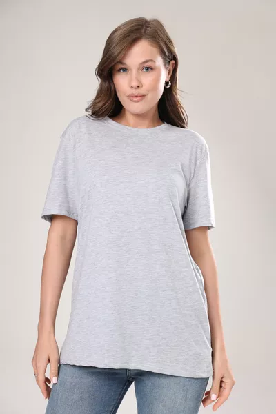 تيشيرت قطن رمادي مزيج للجنسين، بجودة ممتازة، وياقة دائرية، تصميم واسع بطابع البويفريند للنساء والرجال