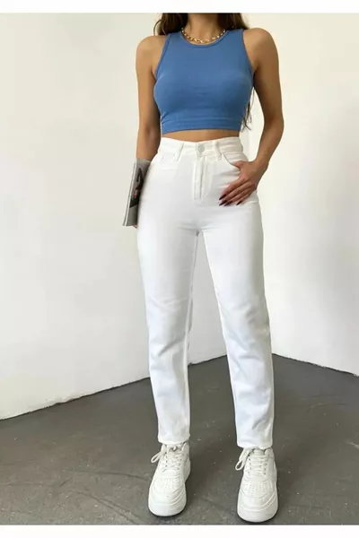 Weiße Damen Mom-Jeans Weiß Hohe Taille Elastisch (MIT LYCRA)(NICHT DURCHSICHTIG)