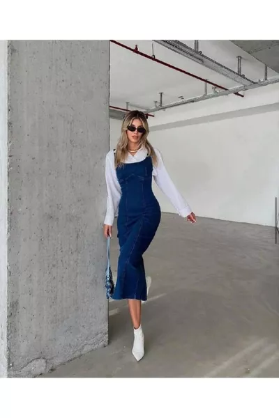 Timagna Schmal geschnittenes Midi-Jeanskleid mit Trägern und Schlitz