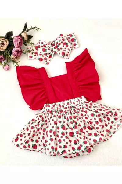 Ensemble salopette et bandeau pour bébé fille motif fraise