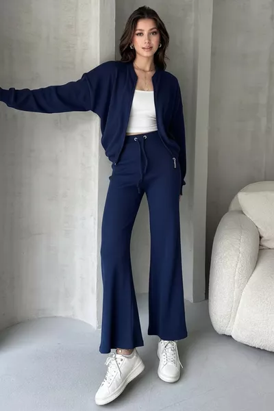Navy Ribbed Knit Pants and Bomber Jacket Women's Set