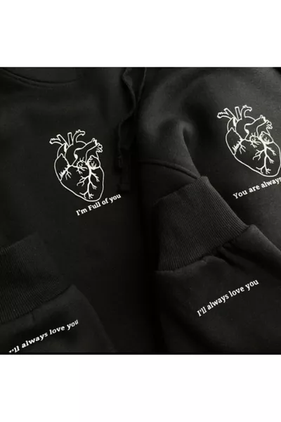 سويت شيرت بغطاء رأس مطبوع عليه قلب للأزواج، أسود، مقاس مزدوج للجنسين