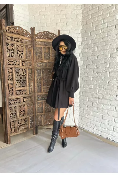 معطف كاشمير نسائي بأكمام منفوخة وحزام